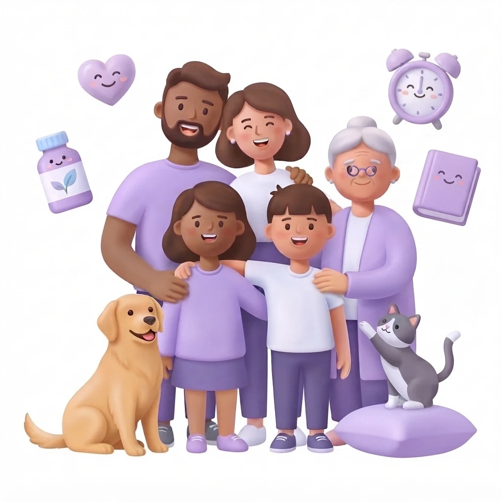 A warm, friendly 3D-style illustration of a diverse family, including a dog and a cat, smiling together, surrounded by healthcare icons.